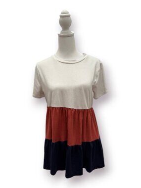 You & Me Colorblock Tiered Babydoll Top Short Sleeve Cream Rust Navy Large EUC